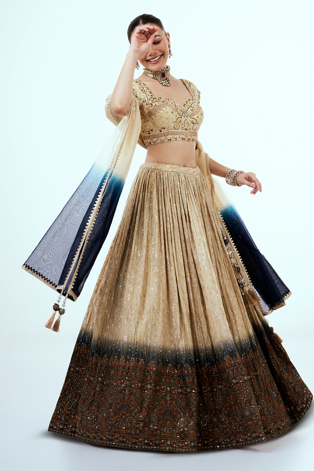 Gold Ombre Tissue Lehenga with Resham and Sequins Embroidery