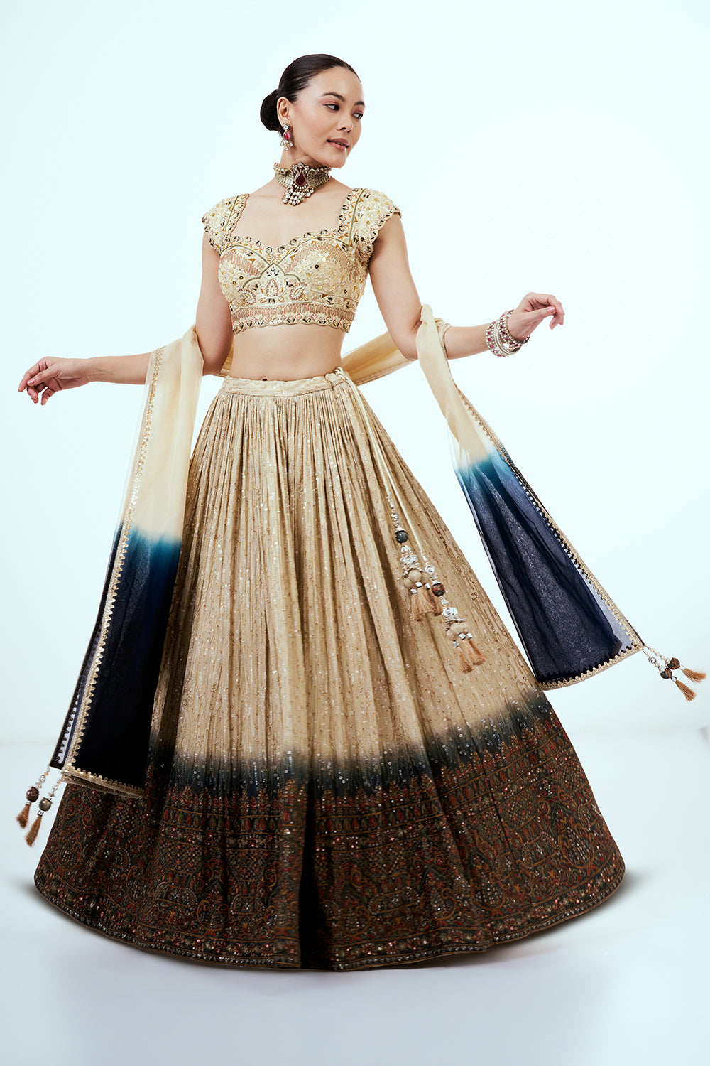 Gold Ombre Tissue Lehenga with Resham and Sequins Embroidery