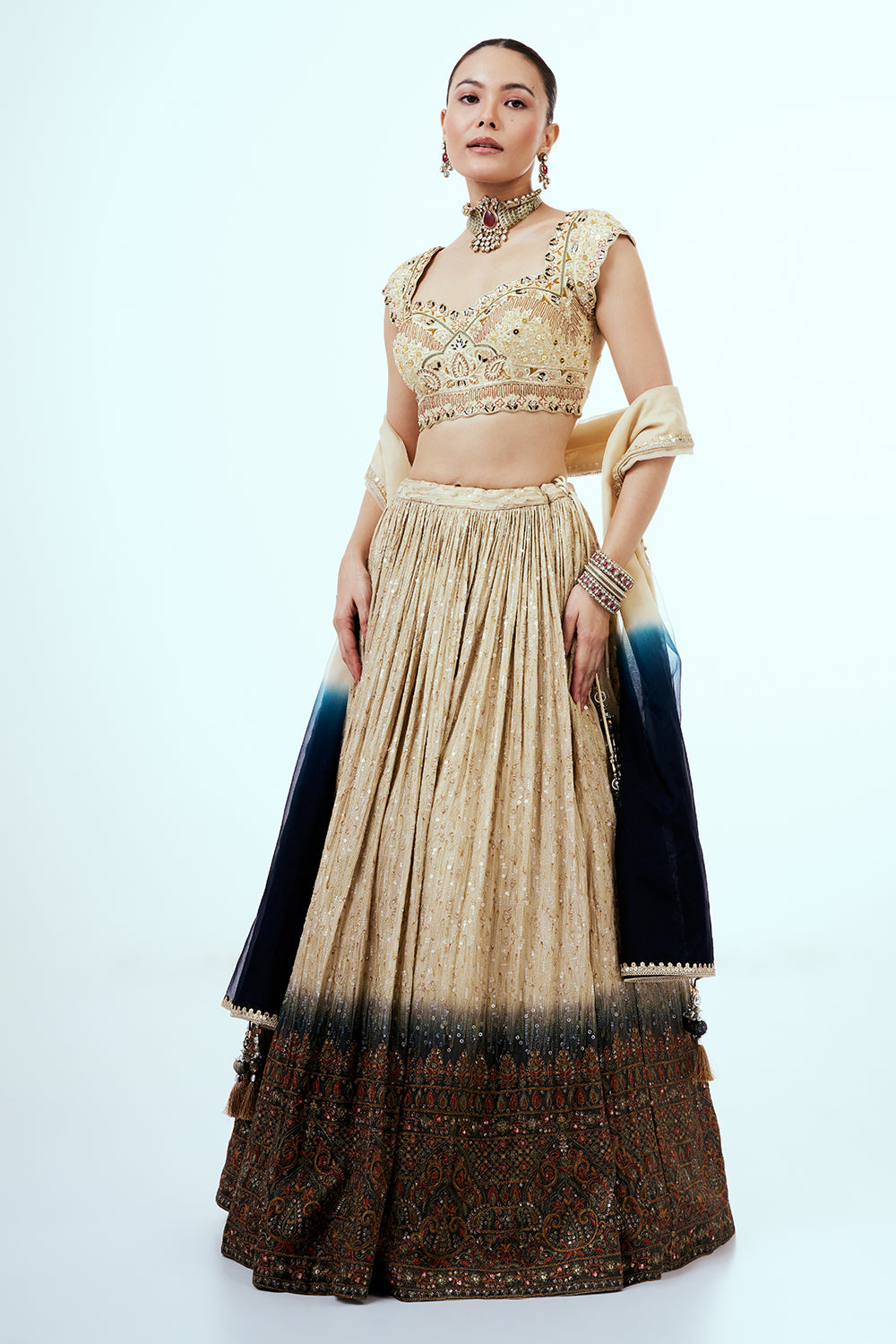Gold Ombre Tissue Lehenga with Resham and Sequins Embroidery