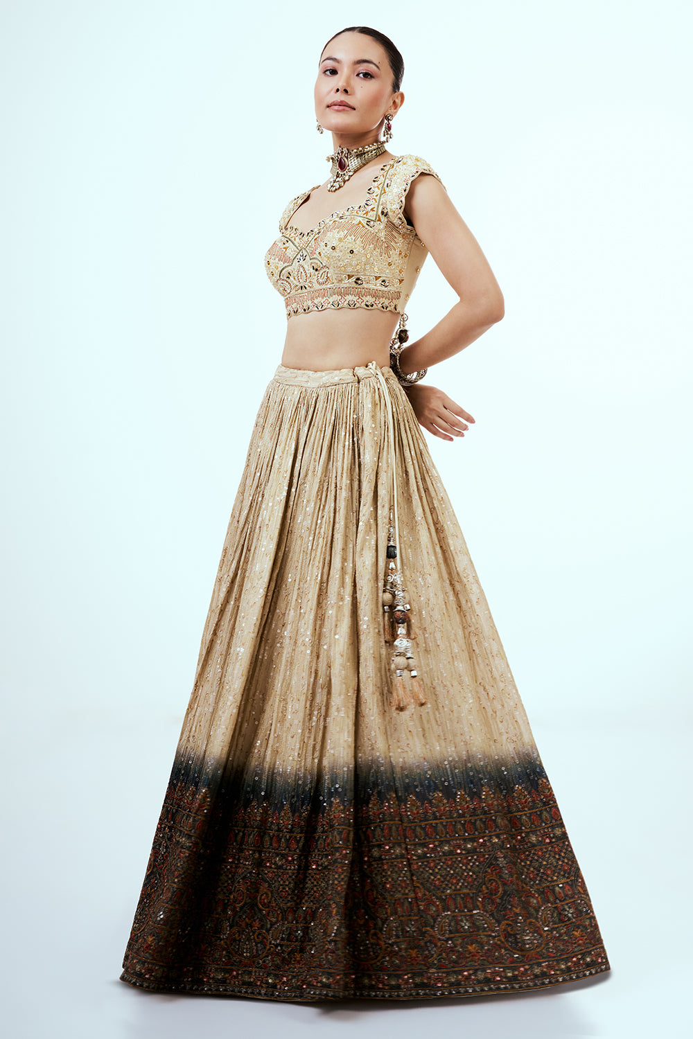 Gold Ombre Tissue Lehenga with Resham and Sequins Embroidery