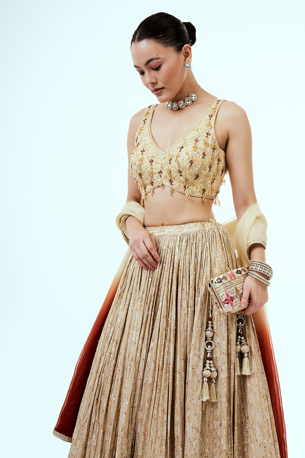 Gold Ombre Tissue Lehenga with Sequins Work