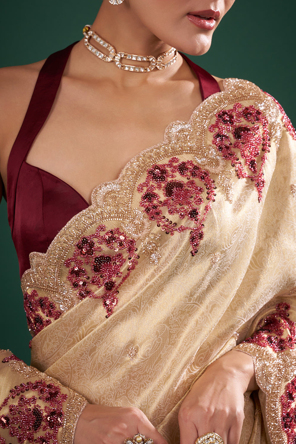 Gold Silk Saree with Maroon Bead Embroidery and Unstitched Blouse