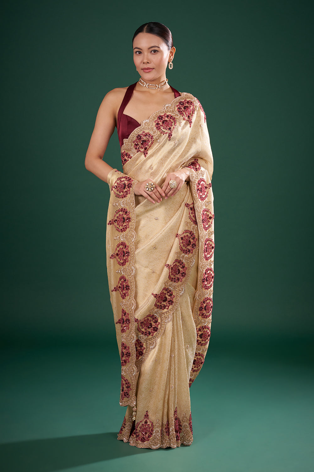 Gold Silk Saree with Maroon Bead Embroidery and Unstitched Blouse
