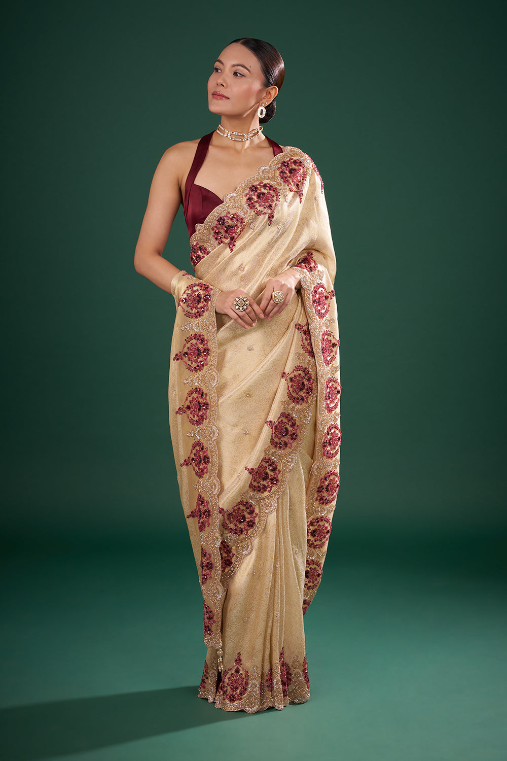 Gold Silk Saree with Maroon Bead Embroidery and Unstitched Blouse