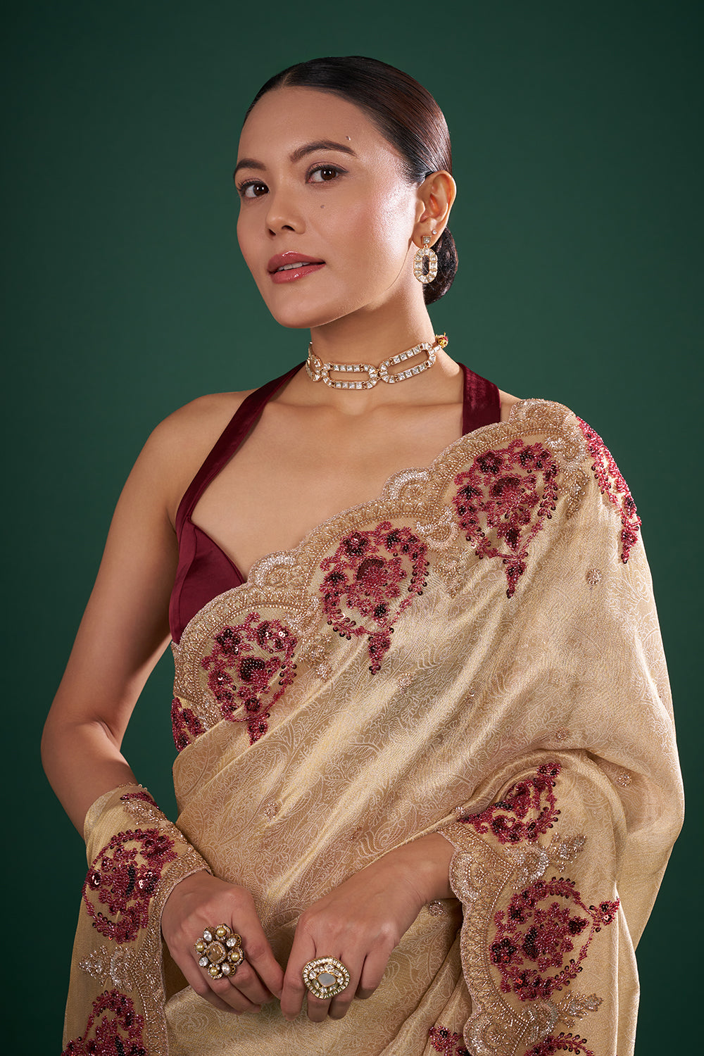 Gold Silk Saree with Maroon Bead Embroidery and Unstitched Blouse