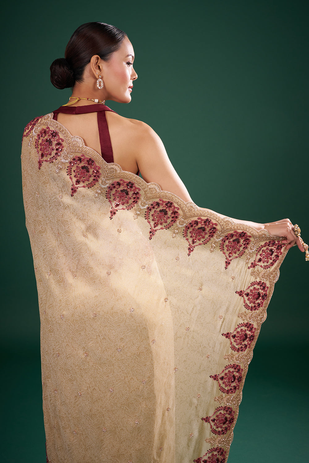Gold Silk Saree with Maroon Bead Embroidery and Unstitched Blouse