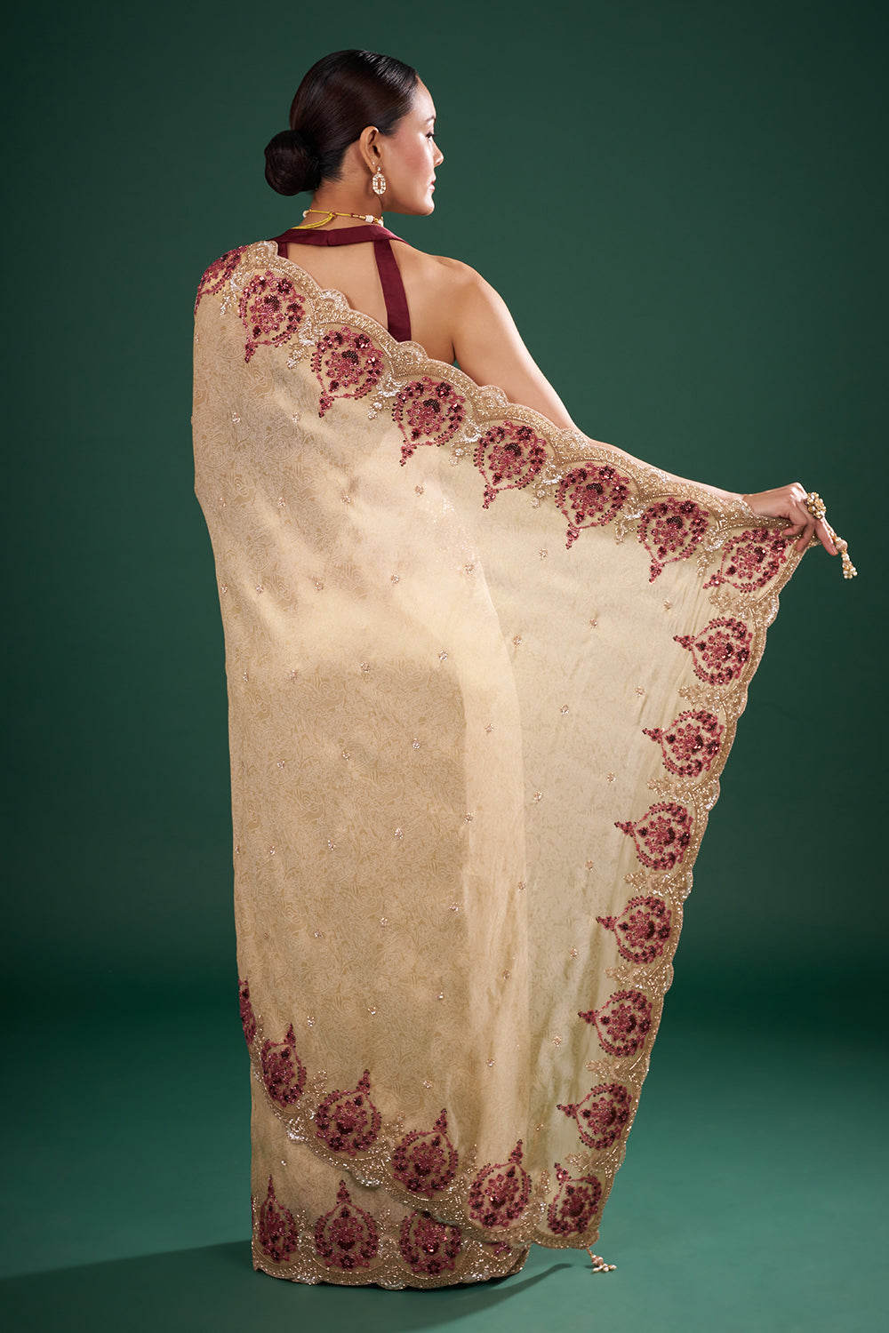 Gold Silk Saree with Maroon Bead Embroidery and Unstitched Blouse