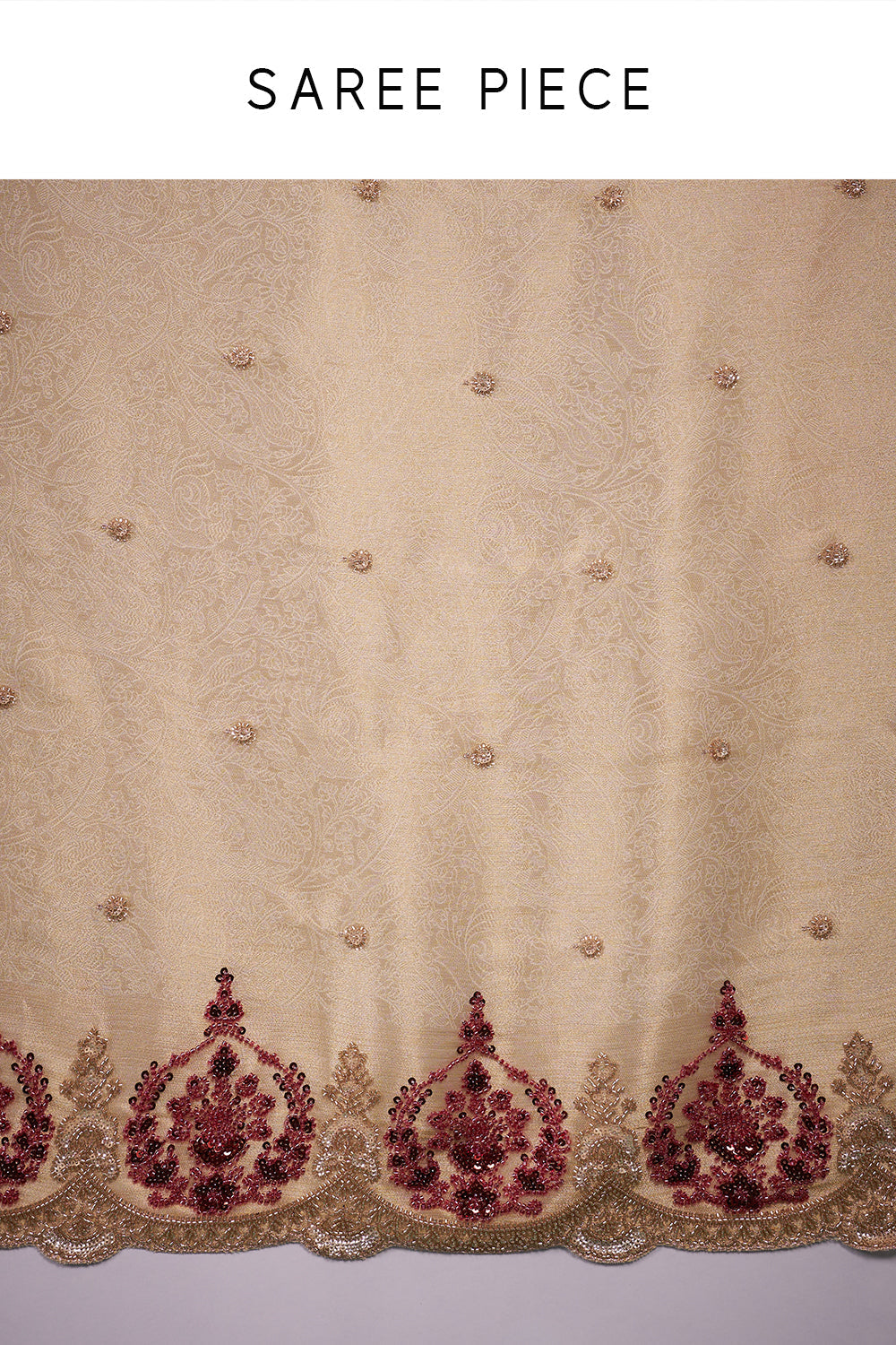 Gold Silk Saree with Maroon Bead Embroidery and Unstitched Blouse
