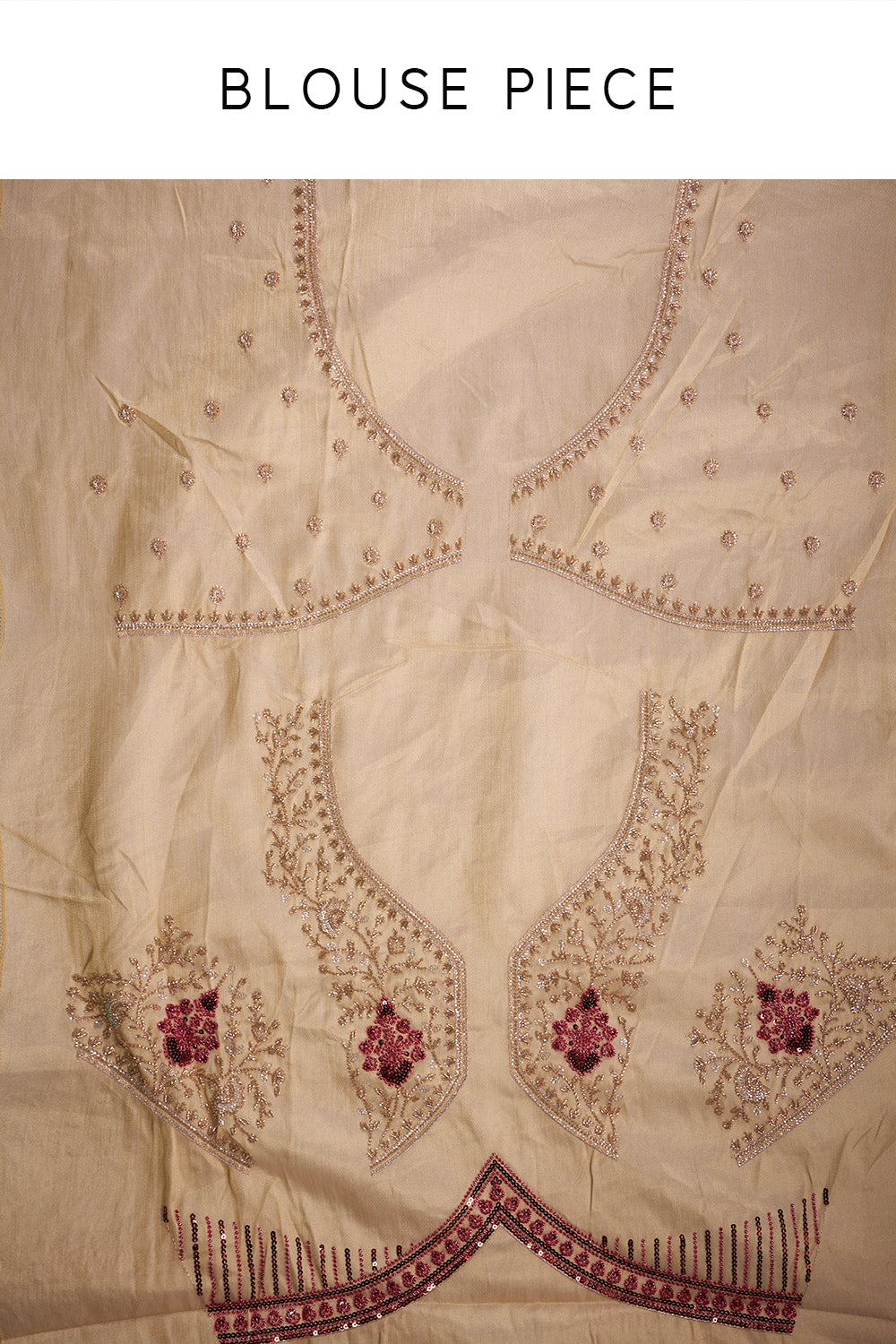 Gold Silk Saree with Maroon Bead Embroidery and Unstitched Blouse