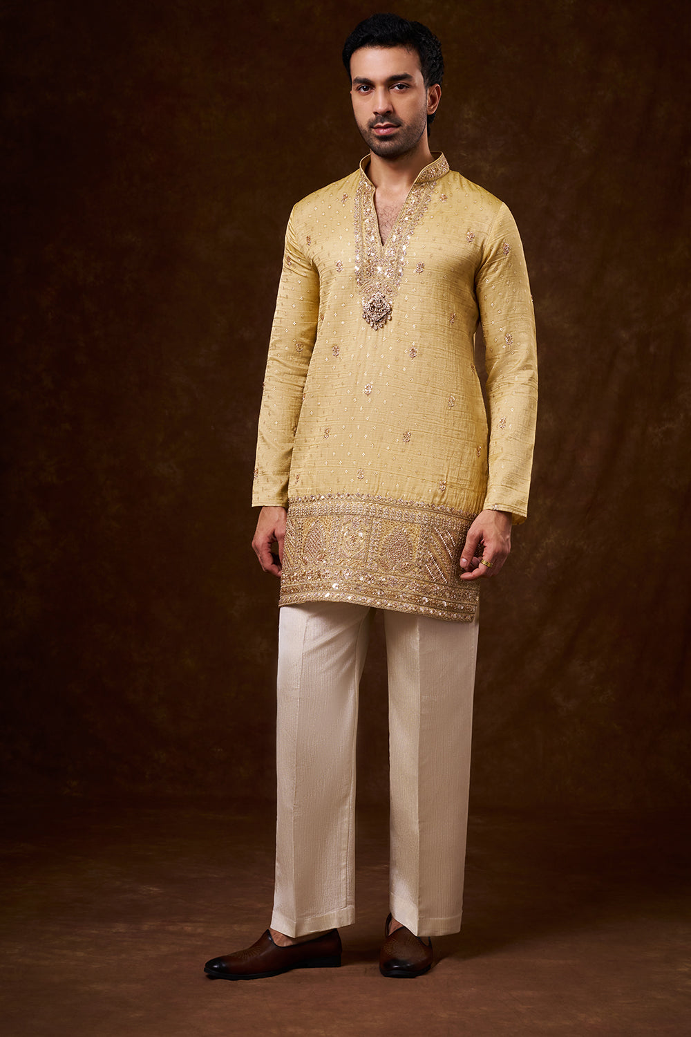 Gold Tissue Silk Men's Kurta Set with Cutdana Work