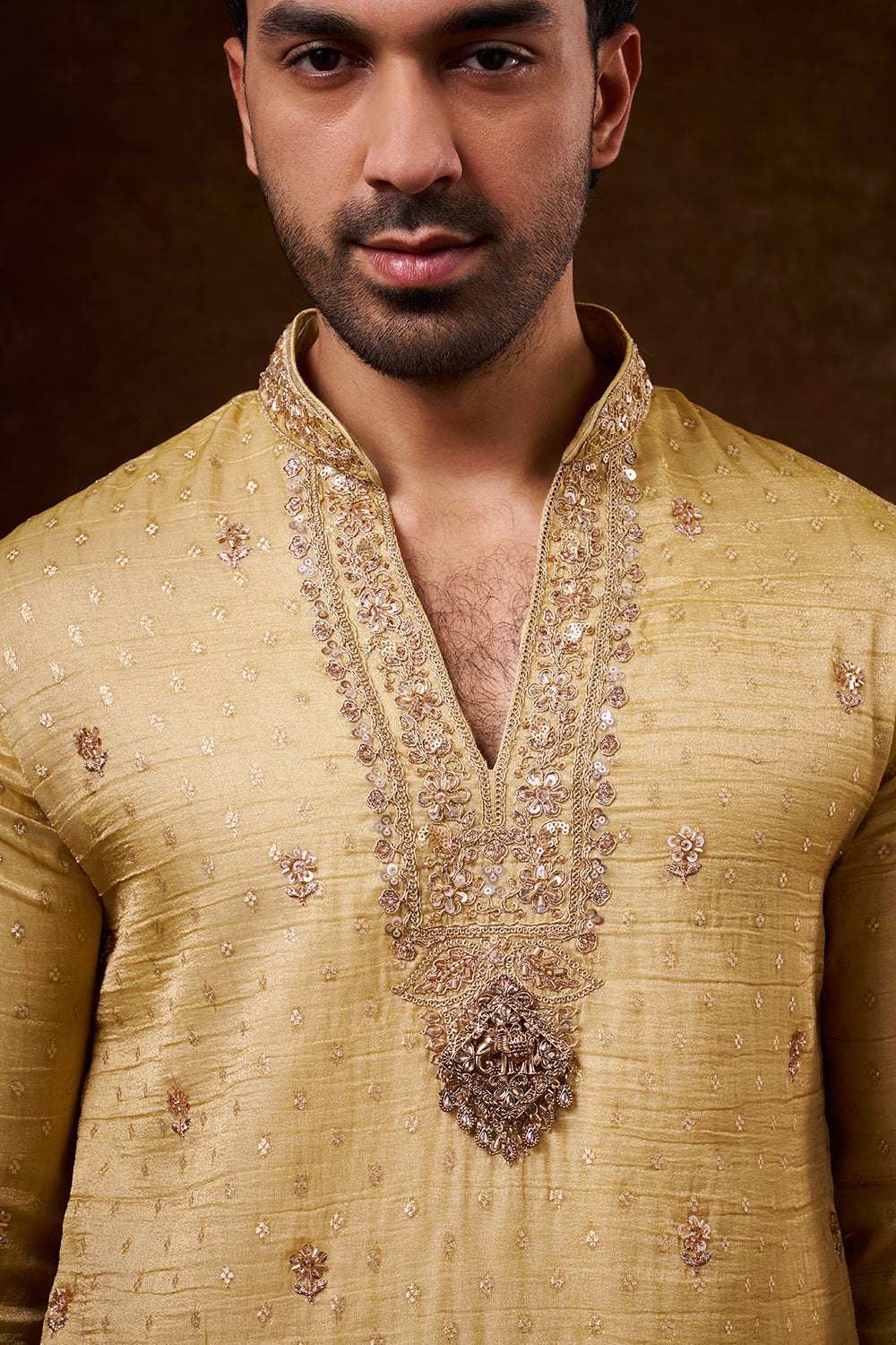 Gold Tissue Silk Men's Kurta Set with Cutdana Work
