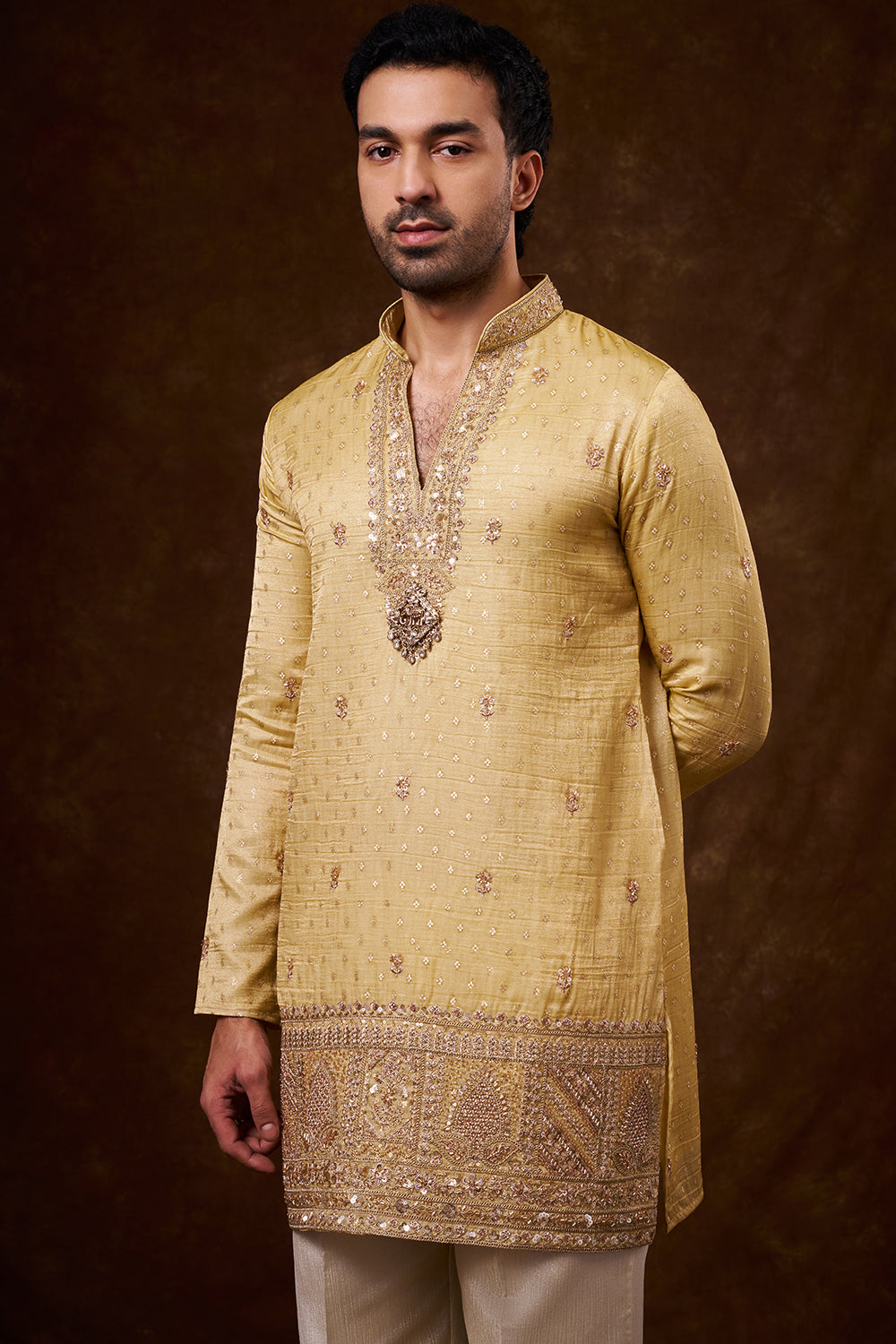 Gold Tissue Silk Men's Kurta Set with Cutdana Work