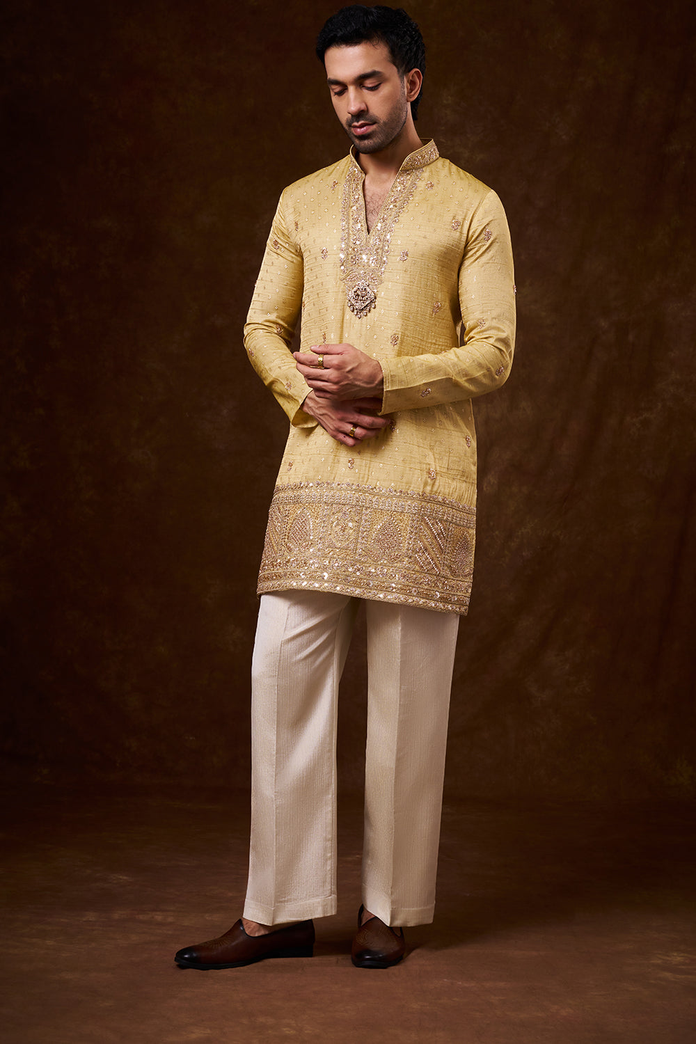 Gold Tissue Silk Men's Kurta Set with Cutdana Work