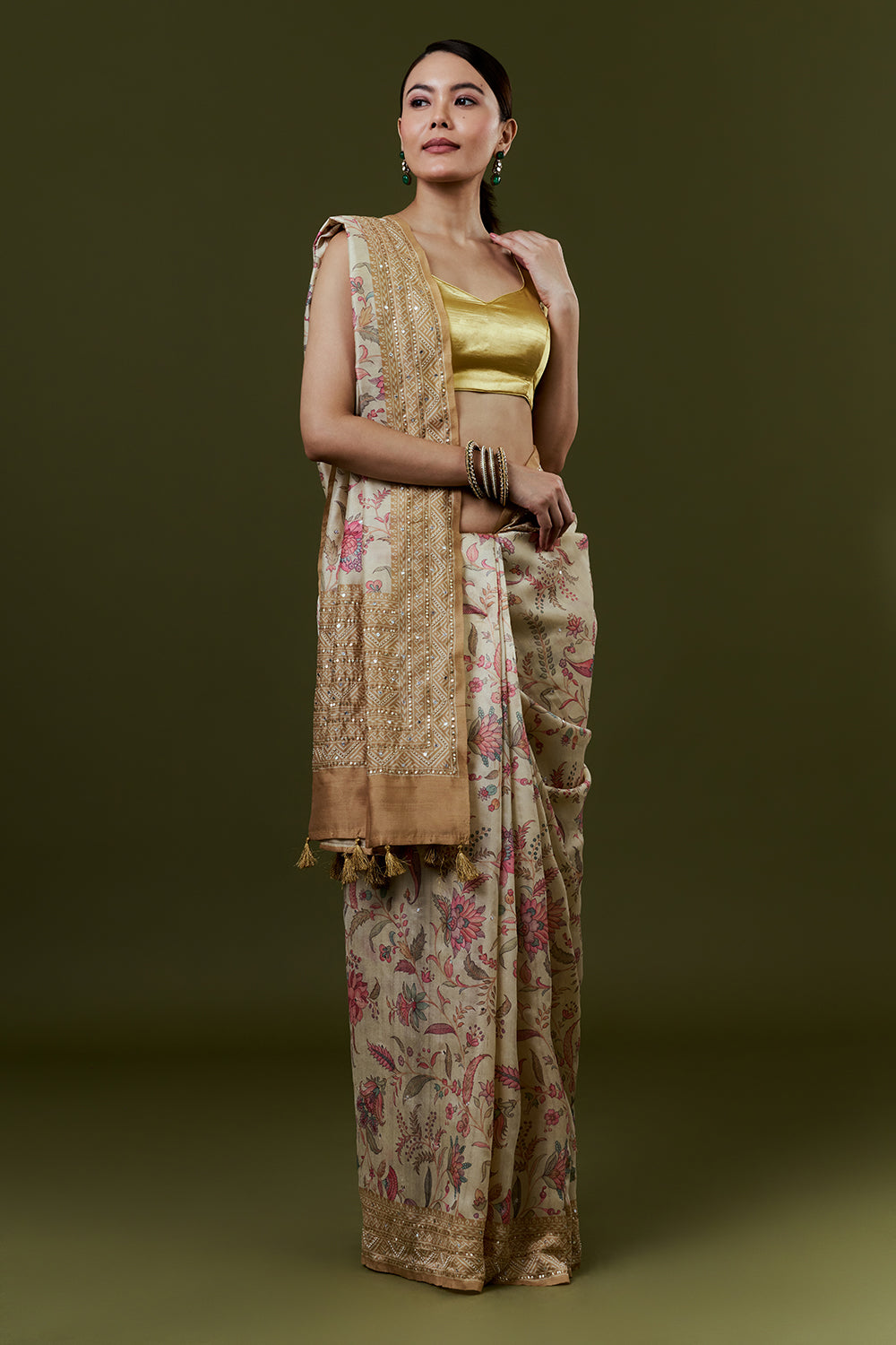 Gold Tussar Silk Saree with Floral Print