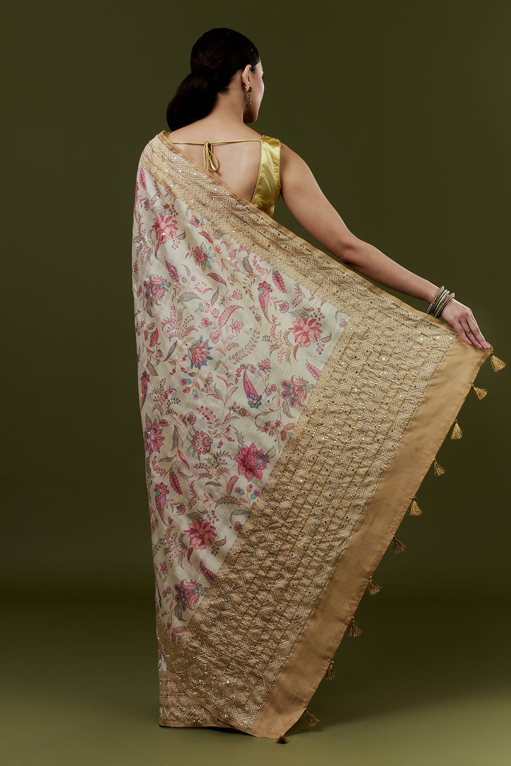 Gold Tussar Silk Saree with Floral Print