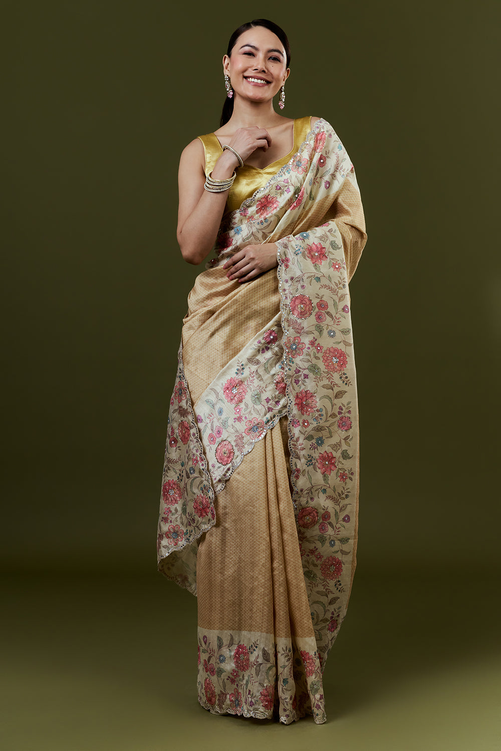 Gold Tussar Silk Saree with Mirror Work