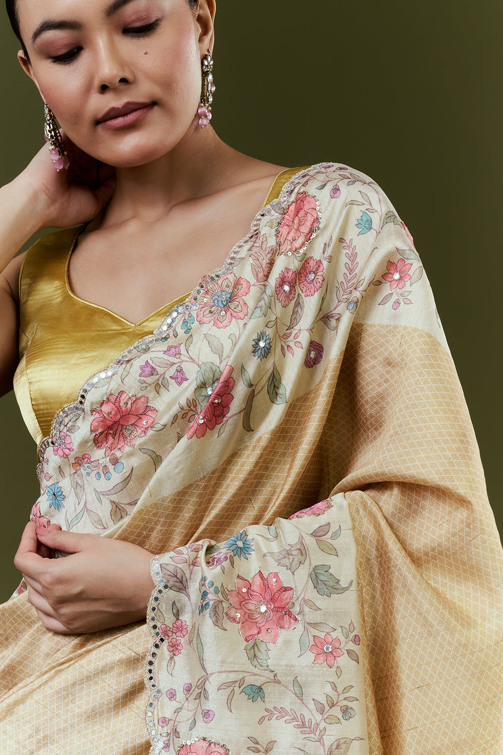 Gold Tussar Silk Saree with Mirror Work