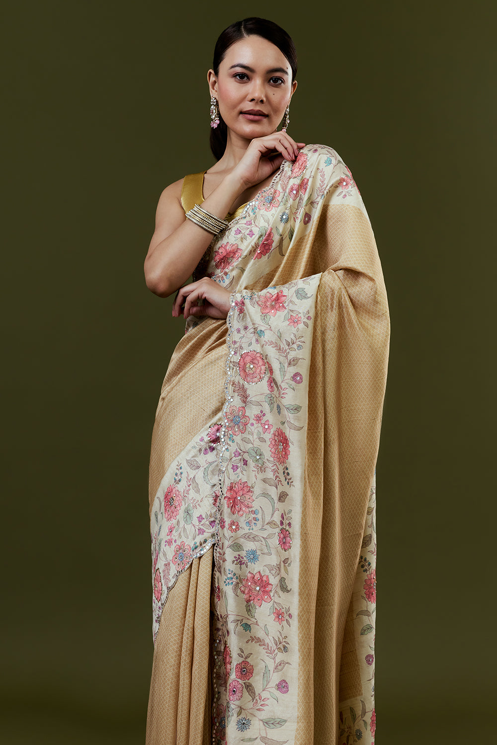 Gold Tussar Silk Saree with Mirror Work