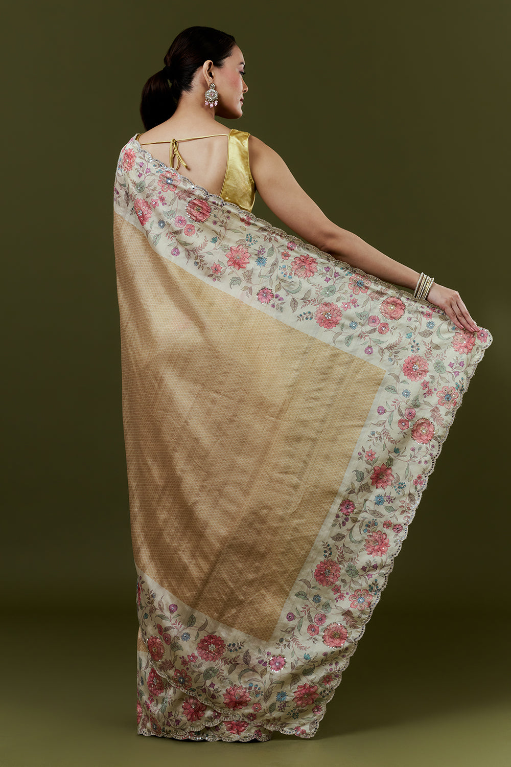 Gold Tussar Silk Saree with Mirror Work