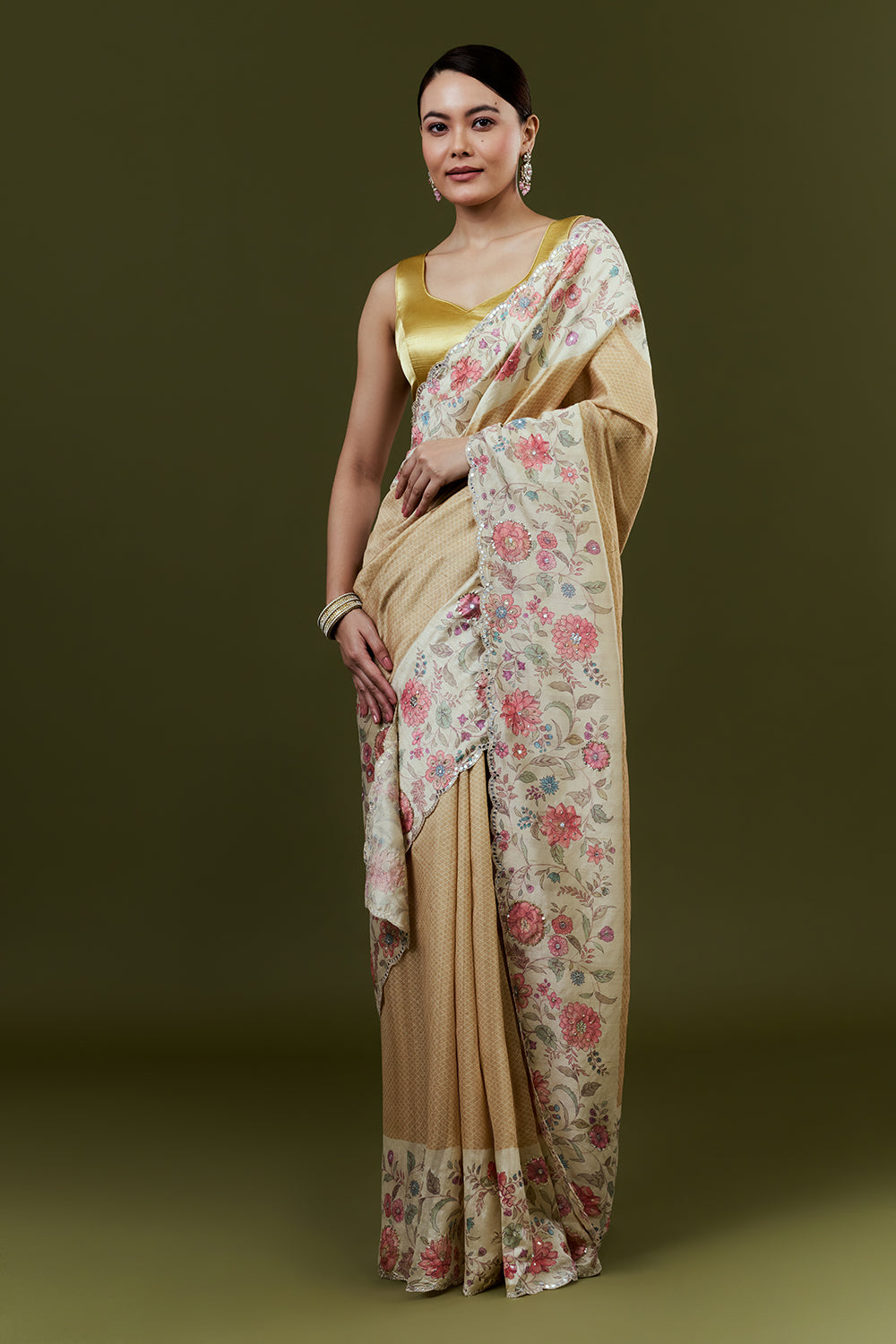 Gold Tussar Silk Saree with Mirror Work