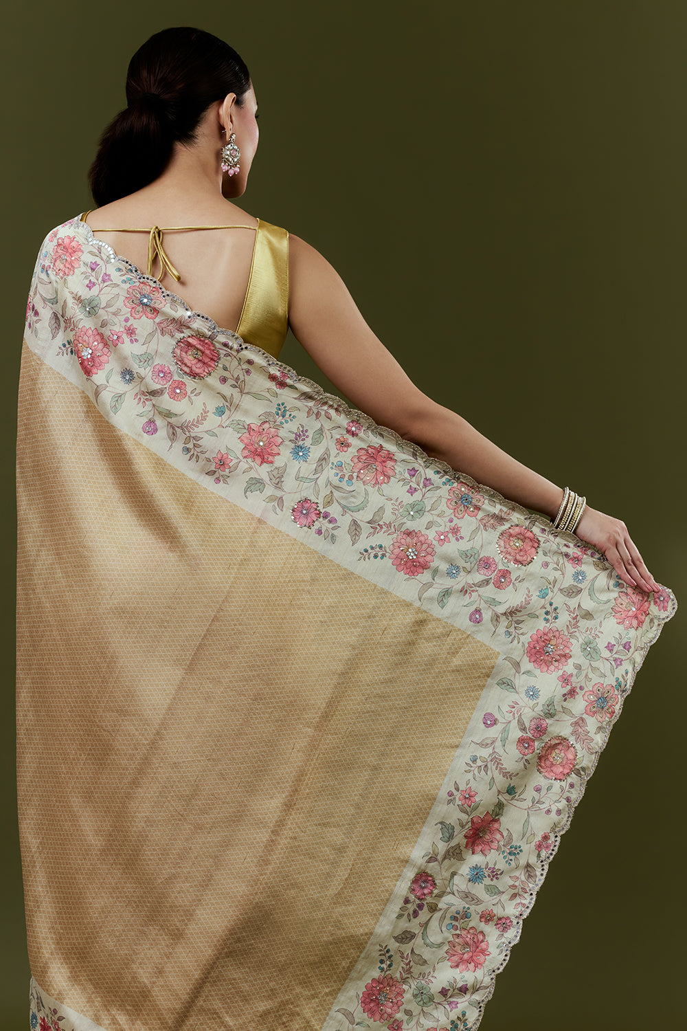 Gold Tussar Silk Saree with Mirror Work