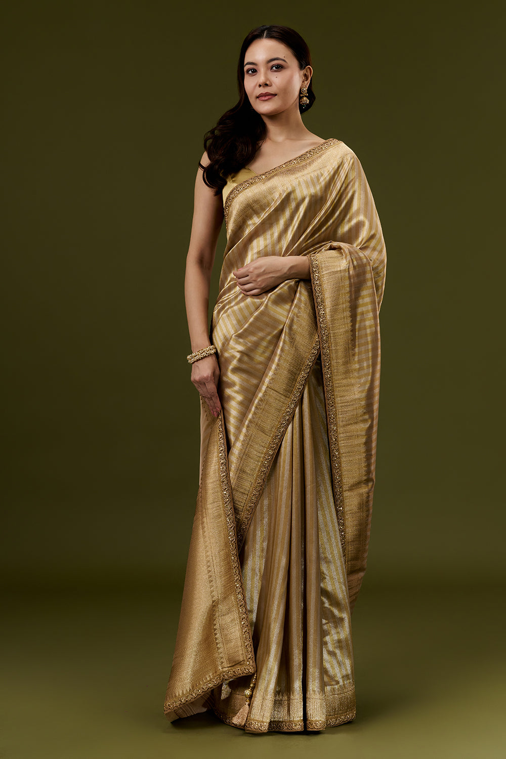 Golden Banarasi Silk Woven Saree with Cutdana Sequins and Zari Hand Work
