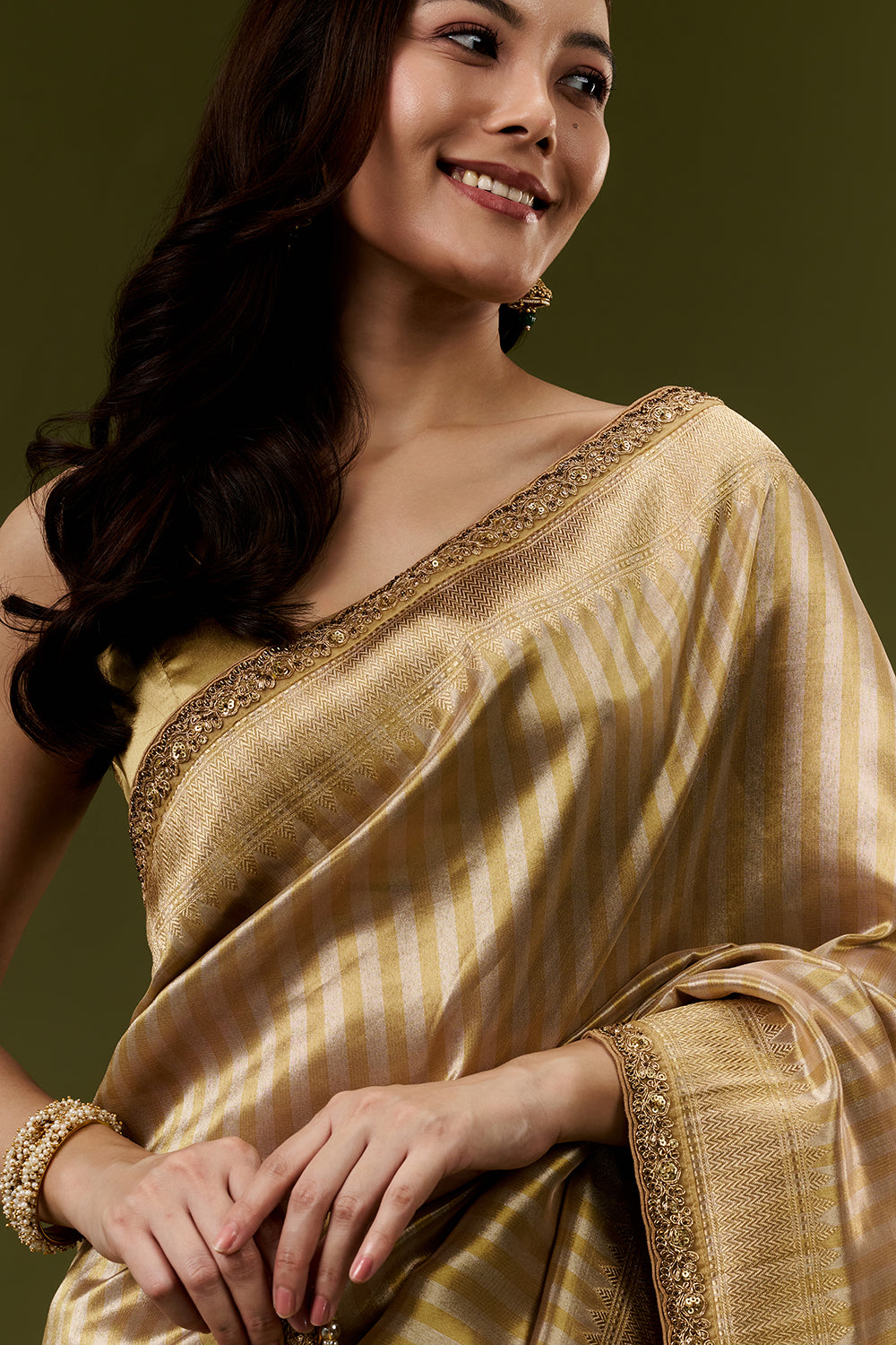 Golden Banarasi Silk Woven Saree with Cutdana Sequins and Zari Hand Work