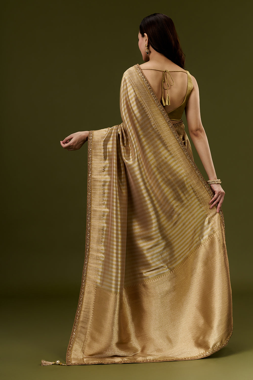 Golden Banarasi Silk Woven Saree with Cutdana Sequins and Zari Hand Work