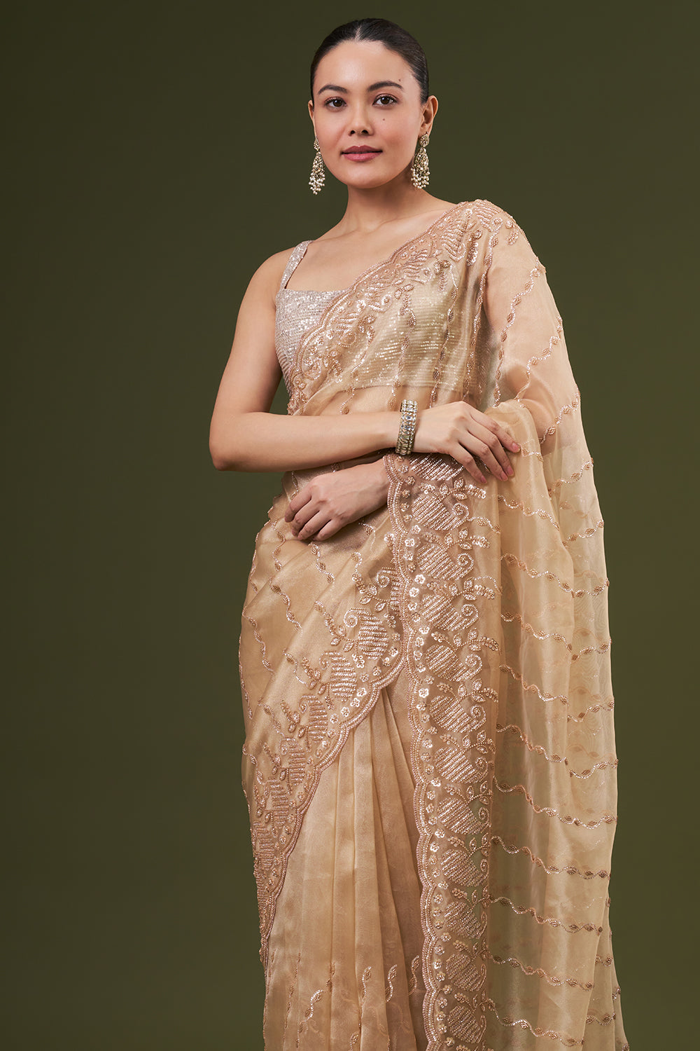Golden Beige Organza Embroidered Saree with Sequin and Cutdana Work