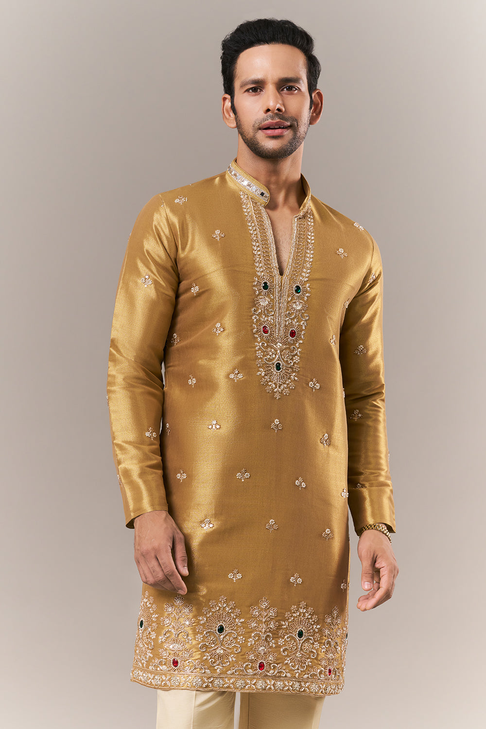 Golden Brocade Mens Kurta Set with Mirror and Moti Work