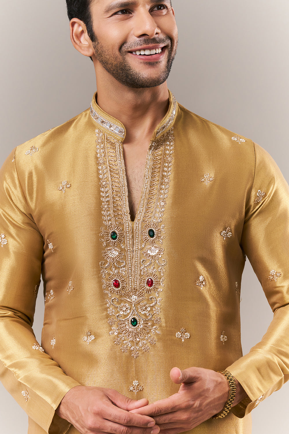 Golden Brocade Mens Kurta Set with Mirror and Moti Work