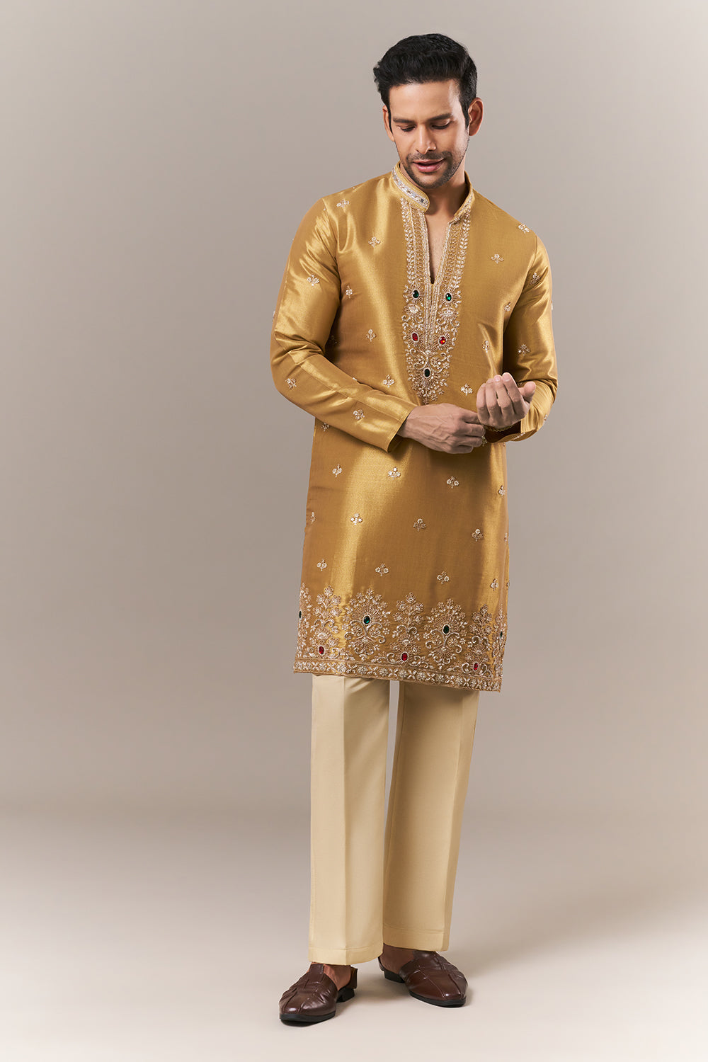 Golden Brocade Mens Kurta Set with Mirror and Moti Work