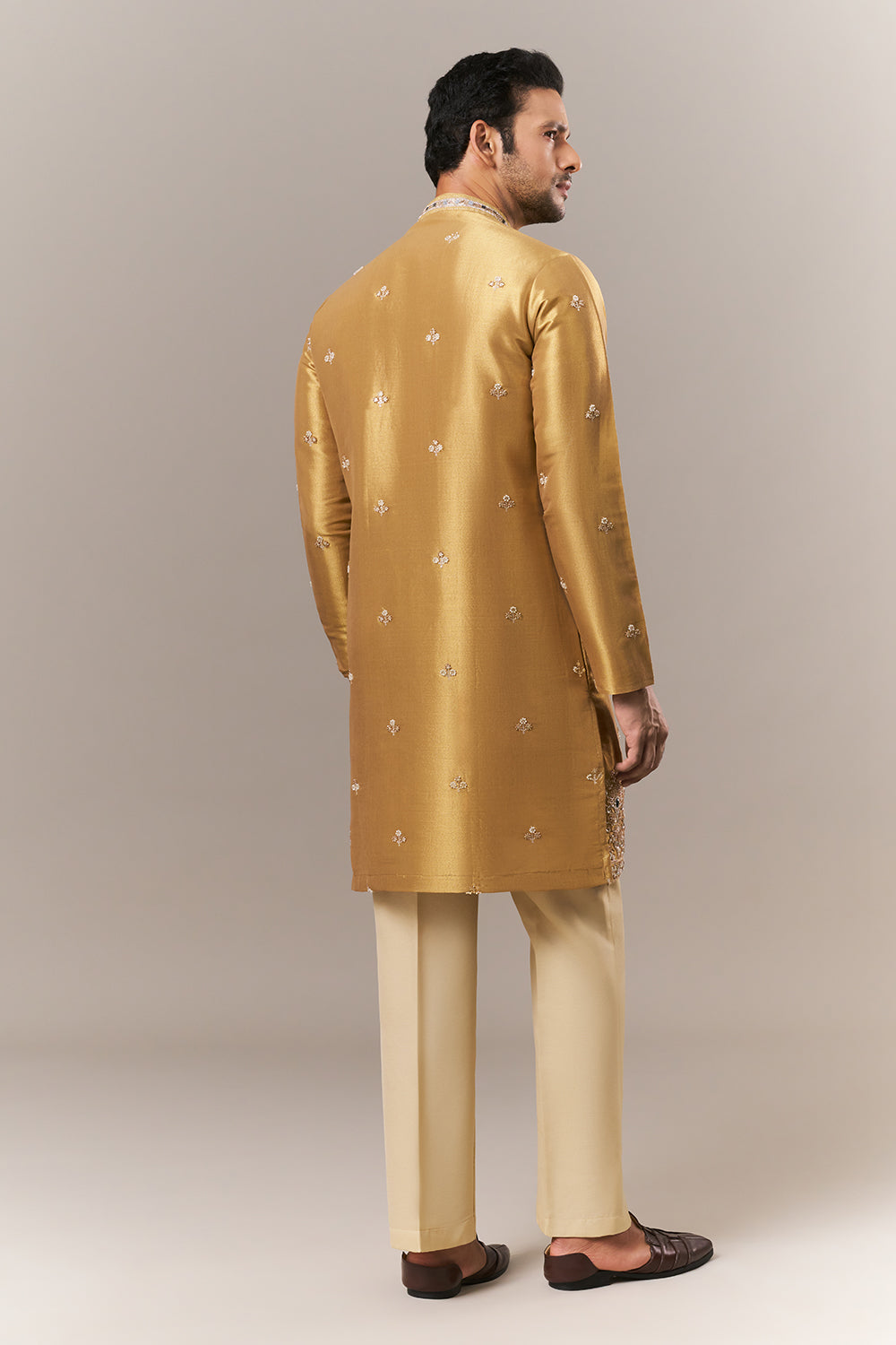 Golden Brocade Mens Kurta Set with Mirror and Moti Work