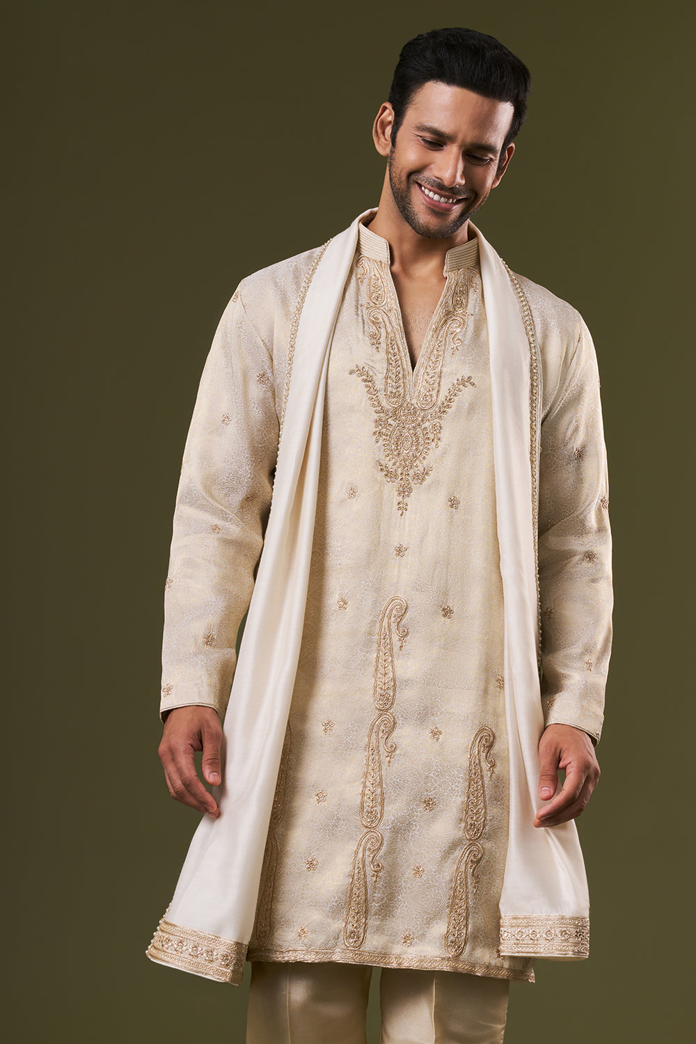 Golden Brocade Mens Kurta Set with Zardosi and Stone Embroidery