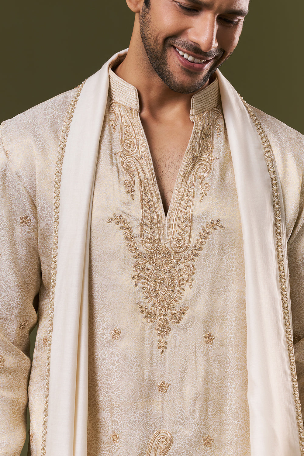 Golden Brocade Mens Kurta Set with Zardosi and Stone Embroidery