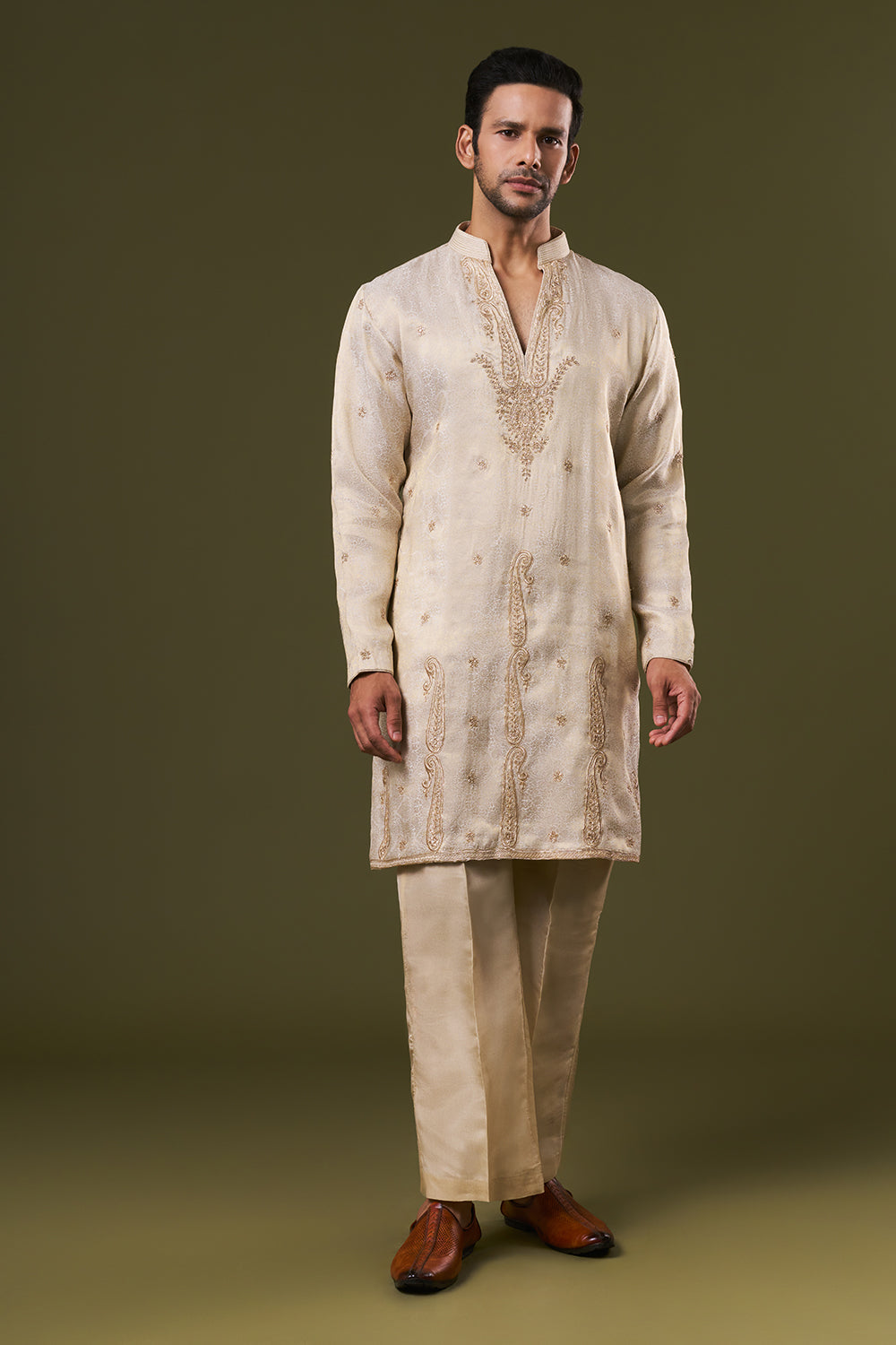 Golden Brocade Mens Kurta Set with Zardosi and Stone Embroidery