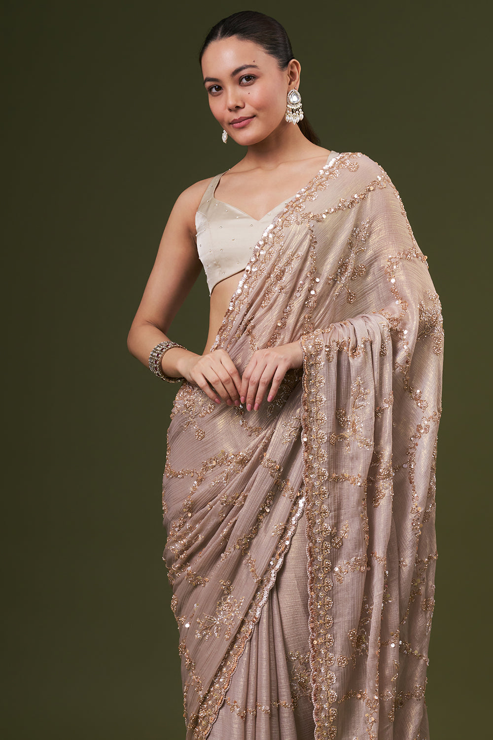 Golden Grey Crushed Tissue Embroidered Saree With Sequin Embroidery