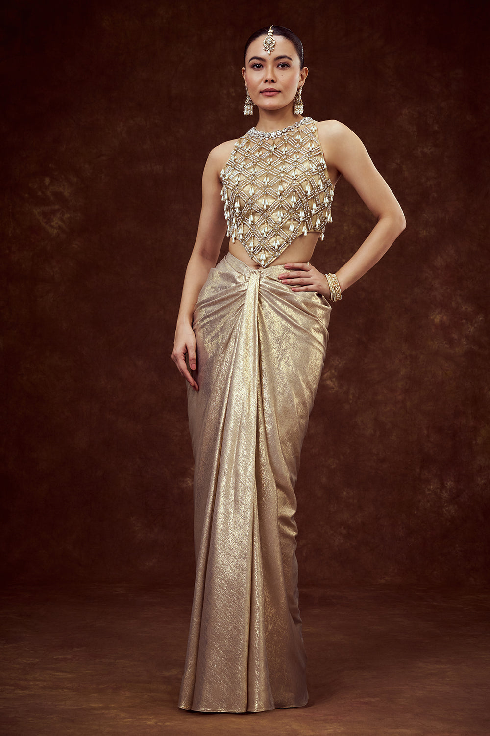 Golden Net Indo Western Drape Skirt Set