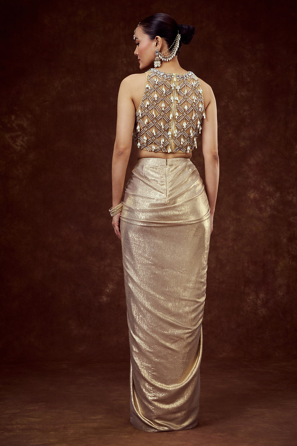 Golden Net Indo Western Drape Skirt Set