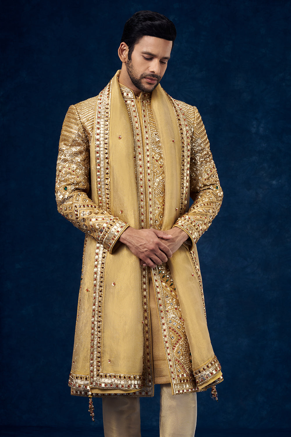 Golden Raw Silk Embellished Groom Sherwani with Mirror and Sequin Work