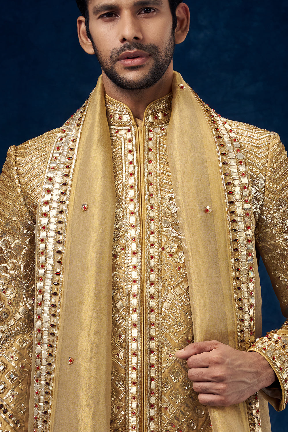 Golden Raw Silk Embellished Groom Sherwani with Mirror and Sequin Work