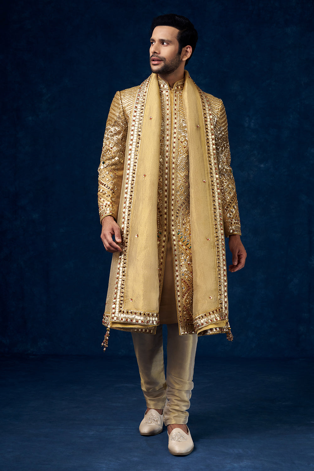 Golden Raw Silk Embellished Groom Sherwani with Mirror and Sequin Work