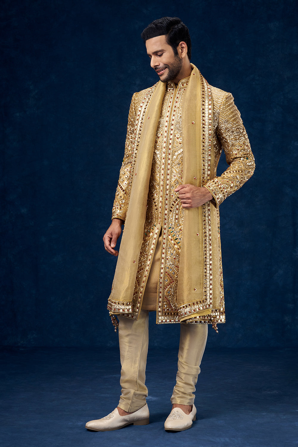 Golden Raw Silk Embellished Groom Sherwani with Mirror and Sequin Work