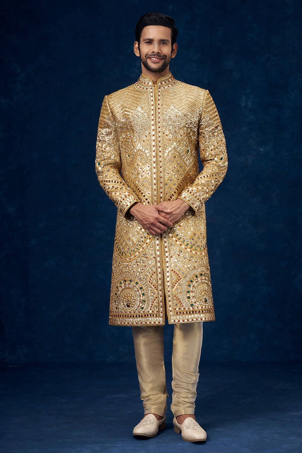 Golden Raw Silk Embellished Groom Sherwani with Mirror and Sequin Work