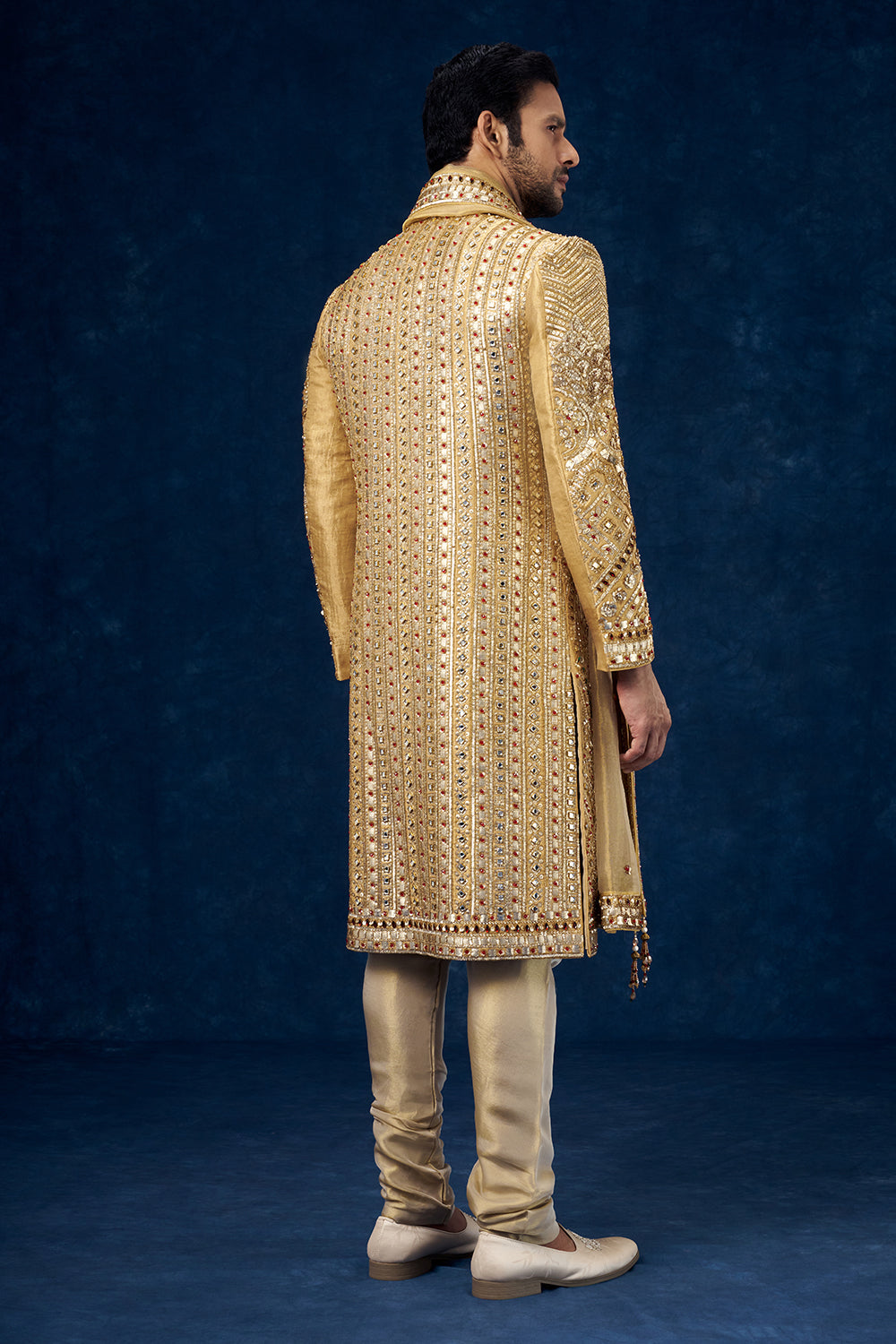 Golden Raw Silk Embellished Groom Sherwani with Mirror and Sequin Work