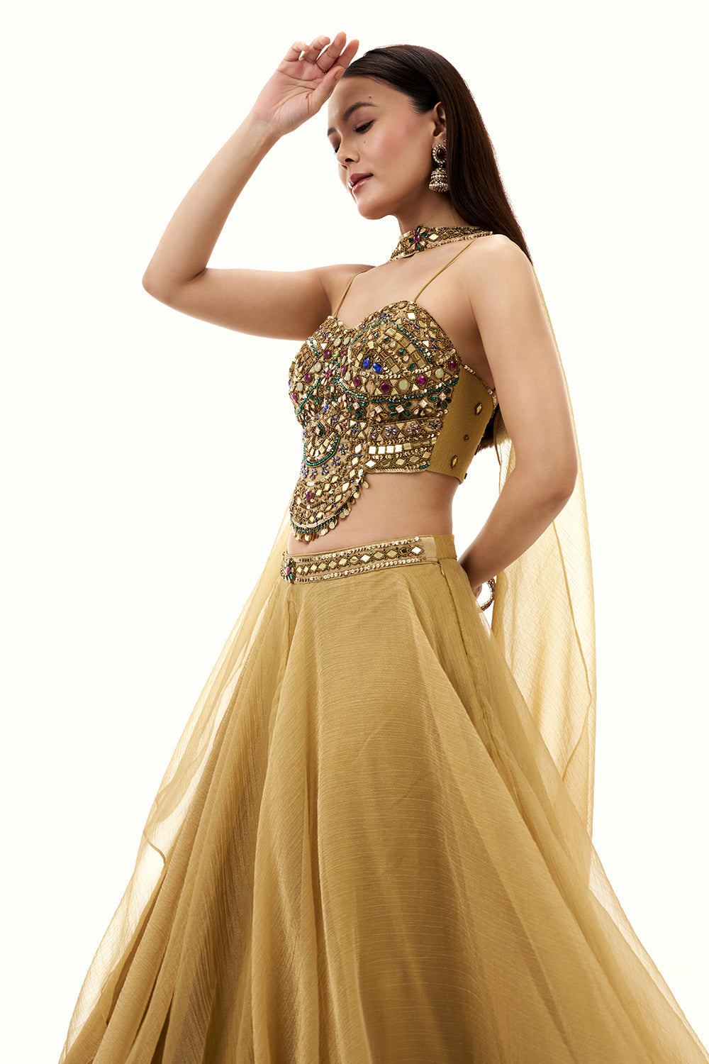 Golden Tissue Organza Lehenga with Mirror and Zari Work