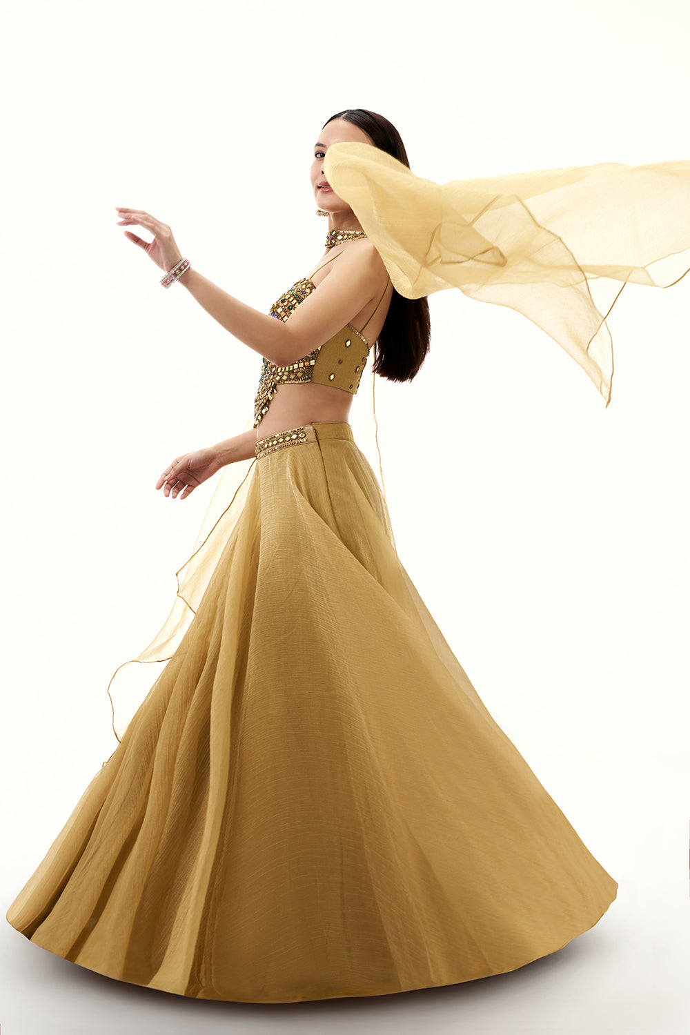 Golden Tissue Organza Lehenga with Mirror and Zari Work