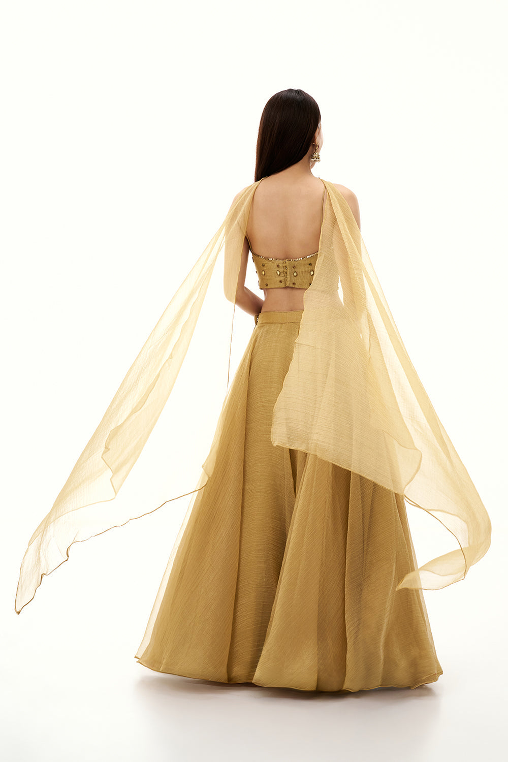 Golden Tissue Organza Lehenga with Mirror and Zari Work