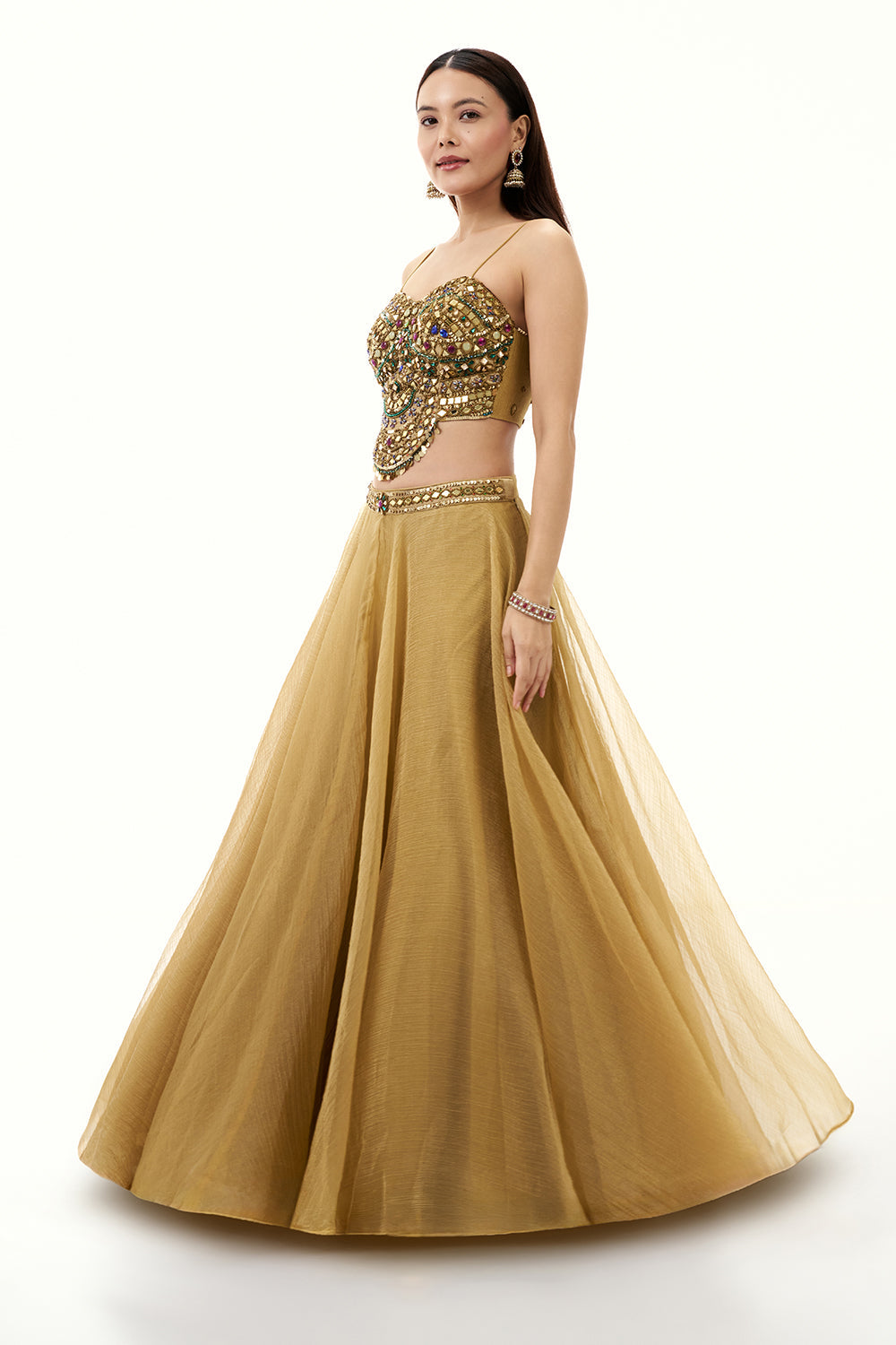 Golden Tissue Organza Lehenga with Mirror and Zari Work