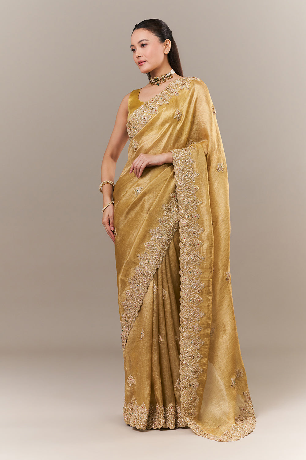 Golden Tissue Silk Woven Saree with Zari and Sequin Work